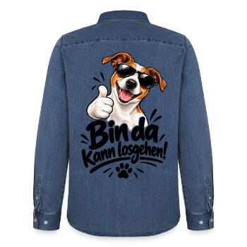 Bin da - Kann losgehen - Hund - Gassi gehen - Männer Jeanshemd Organic von Stanley/Stella - verwaschenes Mittelblau  - Hinten - AI Model Male 185 light (185cm)