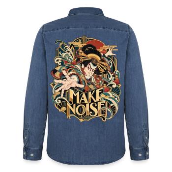 Ukiyo-E Krieger Make Noise - Männer Jeanshemd Organic von Stanley/Stella - verwaschenes Mittelblau  - Hinten - AI Model Male 185 light (185cm)