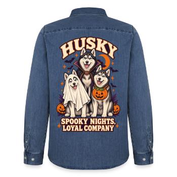 Spooky Nights Loyale Gesellschaft – Husky Halloween-Hund - Männer Jeanshemd Organic von Stanley/Stella - verwaschenes Mittelblau  - Hinten - AI Model Male 185 light (185cm)