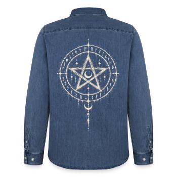 Der Drudenfuß im Runenkreis - Männer Jeanshemd Organic von Stanley/Stella - verwaschenes Mittelblau  - Hinten - AI Model Male 185 light (185cm)