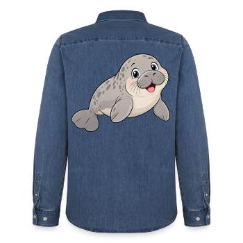 Süße lachende Seekuh – Lustiges Comic Motiv - Männer Jeanshemd Organic von Stanley/Stella - verwaschenes Mittelblau  - Hinten - AI Model Male 185 light (185cm)