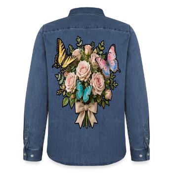 Rosen- und Schmetterlingsstrauß - Männer Jeanshemd Organic von Stanley/Stella - verwaschenes Mittelblau  - Hinten - AI Model Male 185 light (185cm)