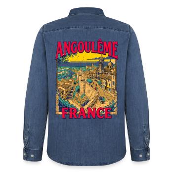 View City Vintage Angouleme France European - Männer Jeanshemd Organic von Stanley/Stella - verwaschenes Mittelblau  - Hinten - AI Model Male 185 light (185cm)