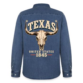Texas Longhorn Vintage Pride 1845 - Männer Jeanshemd Organic von Stanley/Stella - verwaschenes Mittelblau  - Hinten - AI Model Male 185 light (185cm)