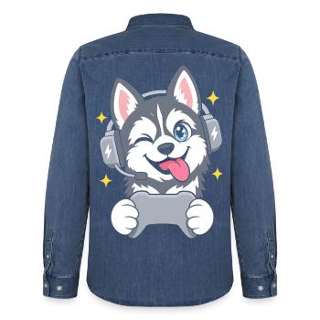 Gaming Sibirischer Husky mit Headset u Controller - Männer Jeanshemd Organic von Stanley/Stella - verwaschenes Mittelblau  - Hinten - AI Model Male 185 light (185cm)