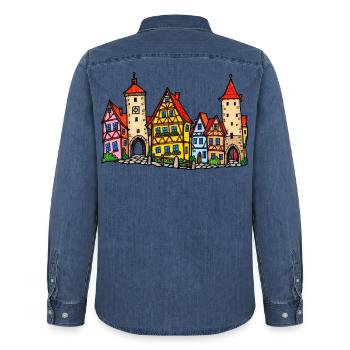 Rothenburg Skyline im bunten Wachsmalstil - Männer Jeanshemd Organic von Stanley/Stella - verwaschenes Mittelblau  - Hinten - AI Model Male 185 light (185cm)