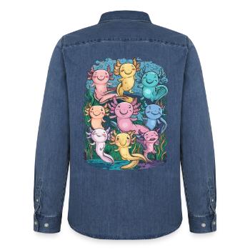 Bunte Glückliche Axolotl - Männer Jeanshemd Organic von Stanley/Stella - verwaschenes Mittelblau  - Hinten - AI Model Male 185 light (185cm)