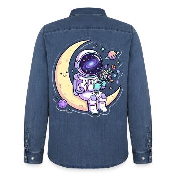 Mondfreund Astronaut mit Blumen - Männer Jeanshemd Organic von Stanley/Stella - verwaschenes Mittelblau  - Hinten - AI Model Male 185 light (185cm)