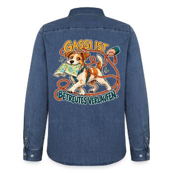 Gassi mit eigener Route - Männer Jeanshemd Organic von Stanley/Stella - verwaschenes Mittelblau  - Hinten - AI Model Male 185 light (185cm)