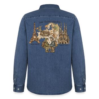 Abenteuerliche Liebe unter Denkmälern - Männer Jeanshemd Organic von Stanley/Stella - verwaschenes Mittelblau  - Hinten - AI Model Male 185 light (185cm)