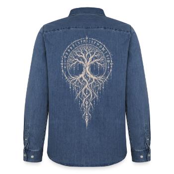 Yggdrasil mit Wurzelstab in Hexentinte - Männer Jeanshemd Organic von Stanley/Stella - verwaschenes Mittelblau  - Hinten - AI Model Male 185 light (185cm)