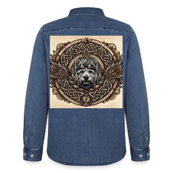 Steampunk-Hund keltische Knoten - Männer Jeanshemd Organic von Stanley/Stella - verwaschenes Mittelblau  - Hinten - AI Model Male 185 light (185cm)