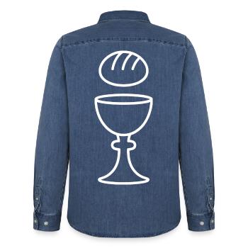 Brot in Becher-Linienkunst - Männer Jeanshemd Organic von Stanley/Stella - verwaschenes Mittelblau  - Hinten - AI Model Male 185 light (185cm)