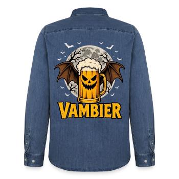 Vambier Halloween Bier Vampir Fledermaus Vollmond - Männer Jeanshemd Organic von Stanley/Stella - verwaschenes Mittelblau  - Hinten - AI Model Male 185 light (185cm)