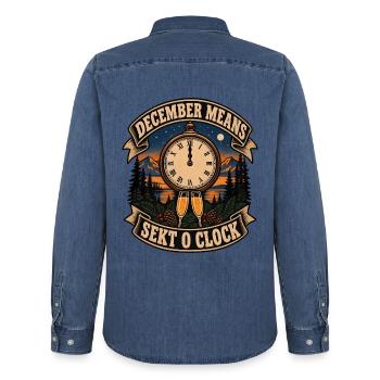 December Means Sekt O Clock Sekt Silvester - Männer Jeanshemd Organic von Stanley/Stella - verwaschenes Mittelblau  - Hinten - AI Model Male 185 light (185cm)