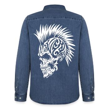 Punk Schädel mit Irokesenfrisur Tribal - Männer Jeanshemd Organic von Stanley/Stella - verwaschenes Mittelblau  - Hinten - AI Model Male 185 light (185cm)