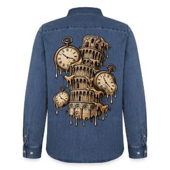 Geschmolzene Uhren und der Turm von Pisa - Männer Jeanshemd Organic von Stanley/Stella - verwaschenes Mittelblau  - Hinten - AI Model Male 185 light (185cm)