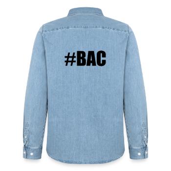 FERRY. BACCALAUREAT. PATENT. DNB. EXAMINATION. WELL DONE - Men’s Organic Denim Shirt by Stanley/Stella - light wash - Back - AI Model Male 185 light (185cm)
