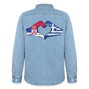 Serbie Grèce drapeau mains forme coeur utilisé - Chemise en denim homme bio Stanley/Stella - bleu clair délavé - Dos - AI Model Male 185 light (185cm)