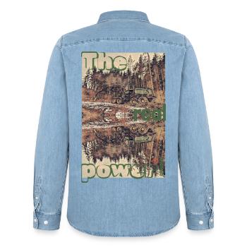Harvester Shirt Design Retro Vintage Spruch XO751 - Chemise en denim homme bio Stanley/Stella - bleu clair délavé - Dos - AI Model Male 185 light (185cm)