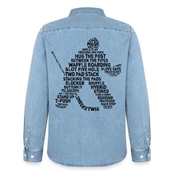 Hockey Goalie Word Art Design - Men’s Organic Denim Shirt by Stanley/Stella - light wash - Back - AI Model Male 185 light (185cm)