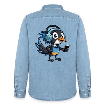 Magpie Drôle Dessin Animé Personnage Casque Musique - Chemise en denim homme bio Stanley/Stella - bleu clair délavé - Dos - AI Model Male 185 light (185cm)
