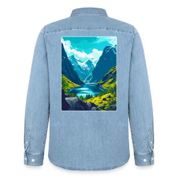 Souvenir de l’affiche de voyage vintage des fjords de Norvège - Chemise en denim homme bio Stanley/Stella - bleu clair délavé - Dos - AI Model Male 185 light (185cm)