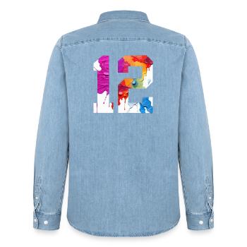 NUMÉRO COLORÉ 12 COLORÉ 12E ANNIVERSAIRE - Chemise en denim homme bio Stanley/Stella - bleu clair délavé - Dos - AI Model Male 185 light (185cm)