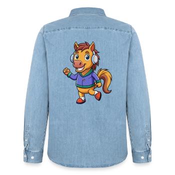 Cheval Drôle Dessin Animé Personnage Casque Musique - Chemise en denim homme bio Stanley/Stella - bleu clair délavé - Dos - AI Model Male 185 light (185cm)