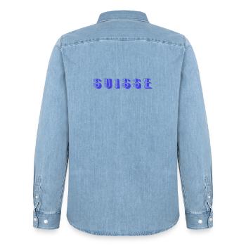 SUISSE. PAYS. GENEVE. SUISSE. HUMOUR. PAYS - Chemise en denim homme bio Stanley/Stella - bleu clair délavé - Dos - AI Model Male 185 light (185cm)