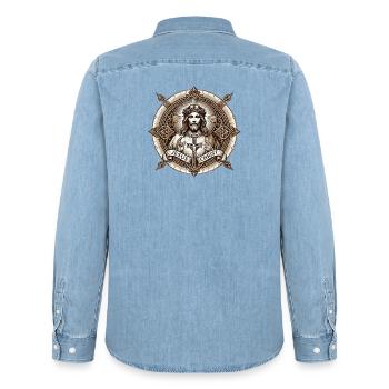 Logo de l’Antiq de Jésus-Christ - Chemise en denim homme bio Stanley/Stella - bleu clair délavé - Dos - AI Model Male 185 light (185cm)