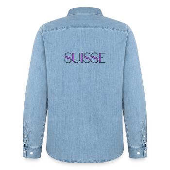SUISSE. PAYS. GENEVE. HUMOUR. PAYS. DRAPEAU - Chemise en denim homme bio Stanley/Stella - bleu clair délavé - Dos - AI Model Male 185 light (185cm)