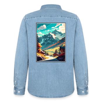 Mayrhofen Österreich Vintage Reiseposter Souvenir - Männer Jeanshemd Organic von Stanley/Stella - verwaschenes Hellblau - Hinten - AI Model Male 185 light (185cm)