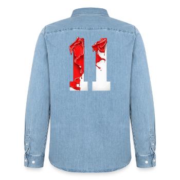 NR. 11 NUMMER 11 ROT WEIß 11. GEBURTSTAG - Männer Jeanshemd Organic von Stanley/Stella - verwaschenes Hellblau - Hinten - AI Model Male 185 light (185cm)