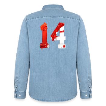 NON. 14 NUMÉRO 14 ROUGE BLANC 14E ANNIVERSAIRE - Chemise en denim homme bio Stanley/Stella - bleu clair délavé - Dos - AI Model Male 185 light (185cm)