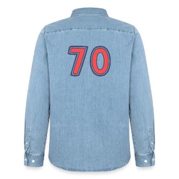 70. 70 ANS. 70e ANNIVERSAIRE. ANNIVERSAIRE 70 ANS. - Chemise en denim homme bio Stanley/Stella - bleu clair délavé - Dos - AI Model Male 185 light (185cm)