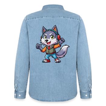 Wolf Lustige Zeichentrickfigur Kopfhörer Musik - Männer Jeanshemd Organic von Stanley/Stella - verwaschenes Hellblau - Hinten - AI Model Male 185 light (185cm)