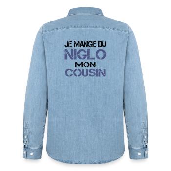 Je mange du Niglo - Chemise en denim homme bio Stanley/Stella - bleu clair délavé - Dos - AI Model Male 185 light (185cm)