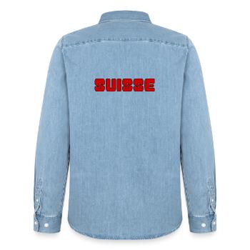 SUISSE. PAYS. GENEVE. SUISSE. HUMOUR. PAYS - Chemise en denim homme bio Stanley/Stella - bleu clair délavé - Dos - AI Model Male 185 light (185cm)