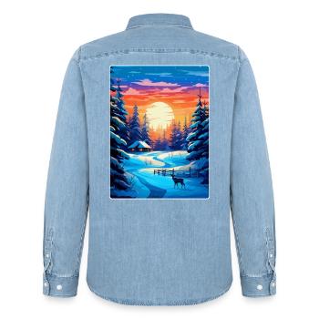 Laponie Finlande Affiche de voyage vintage souvenir WPA - Chemise en denim homme bio Stanley/Stella - bleu clair délavé - Dos - AI Model Male 185 light (185cm)