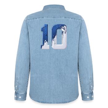 NON. 10 NUMÉRO 10 BLEU BLANC 10E ANNIVERSAIRE - Chemise en denim homme bio Stanley/Stella - bleu clair délavé - Dos - AI Model Male 185 light (185cm)