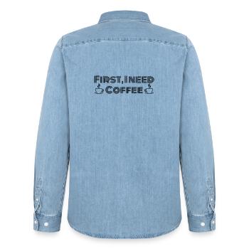 Zuerst brauche ich Kaffee - Männer Jeanshemd Organic von Stanley/Stella - verwaschenes Hellblau - Hinten - AI Model Male 185 light (185cm)