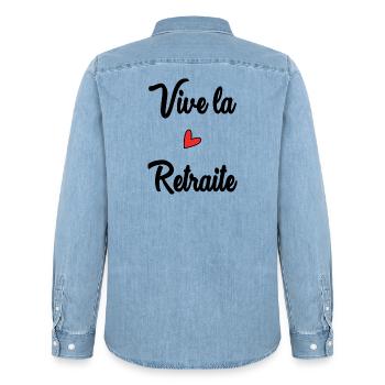 RETIREMENT. HAPPY RETIREMENT. HAPPY RETIREMENT - Men’s Organic Denim Shirt by Stanley/Stella - light wash - Back - AI Model Male 185 light (185cm)