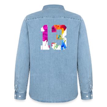 NUMBER 13 YEARS OLD 13TH BIRTHDAY - Men’s Organic Denim Shirt by Stanley/Stella - light wash - Back - AI Model Male 185 light (185cm)