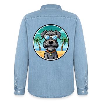Deutscher Drahthaar Vorstehhund Rasse Cartoon Strand - Männer Jeanshemd Organic von Stanley/Stella - verwaschenes Hellblau - Hinten - AI Model Male 185 light (185cm)