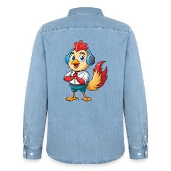 Rooster Funny Cartoon Character Headphone Music - Men’s Organic Denim Shirt by Stanley/Stella - light wash - Back - AI Model Male 185 light (185cm)