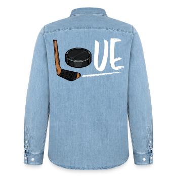ice Hockey - Men’s Organic Denim Shirt by Stanley/Stella - light wash - Back - AI Model Male 185 light (185cm)