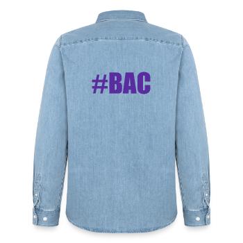 FERRY. BACCALAUREAT. PATENT. DNB. EXAMINATION. WELL DONE - Men’s Organic Denim Shirt by Stanley/Stella - light wash - Back - AI Model Male 185 light (185cm)