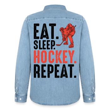 Red Hockey Player Silhouette - Men’s Organic Denim Shirt by Stanley/Stella - light wash - Back - AI Model Male 185 light (185cm)