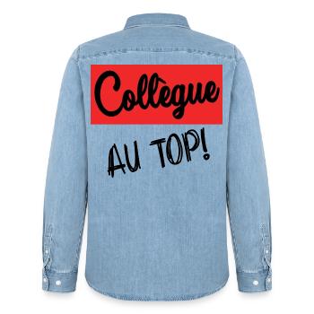 COLLEGUE. DEPART. RETRAITE. EMPLOI. HUMOUR - Chemise en denim homme bio Stanley/Stella - bleu clair délavé - Dos - AI Model Male 185 light (185cm)